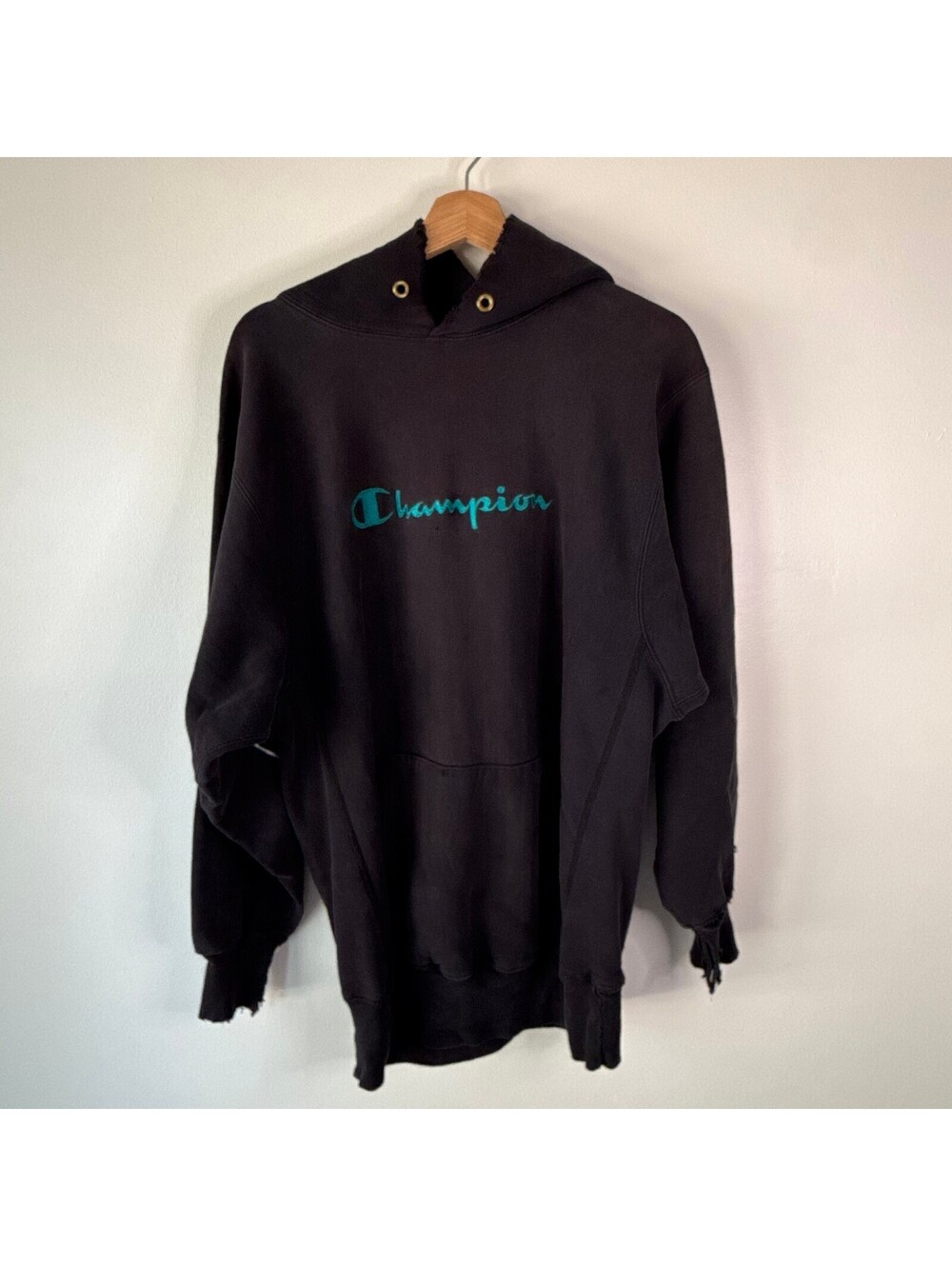 Vintage 90s Champion Reverse Weave Distressed Black Embroidery Hoodie Sweatshirt